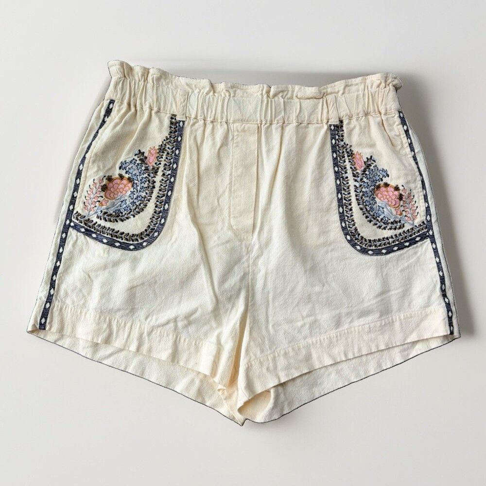Anthropologie Cream Linen Embroidered Shorts Boho High Rise Pocket Pull On XL